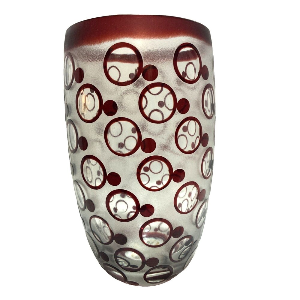 TOZAI Frosted Art Glass Vase with Maroon Circles - Statement Piece